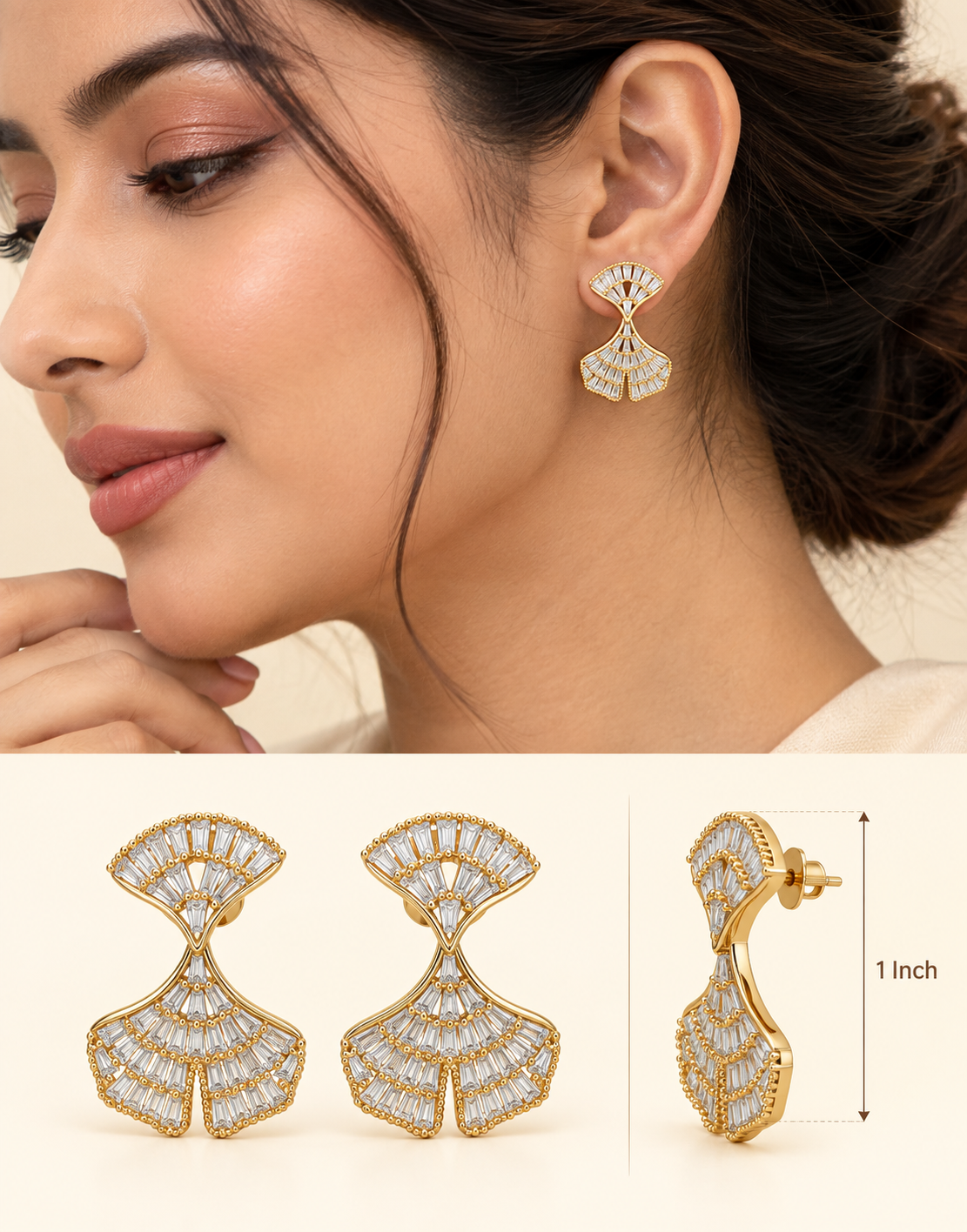 Gold-tone fan-shaped hanging earrings with sparkling clear baguette-cut stones and intricate detailing.