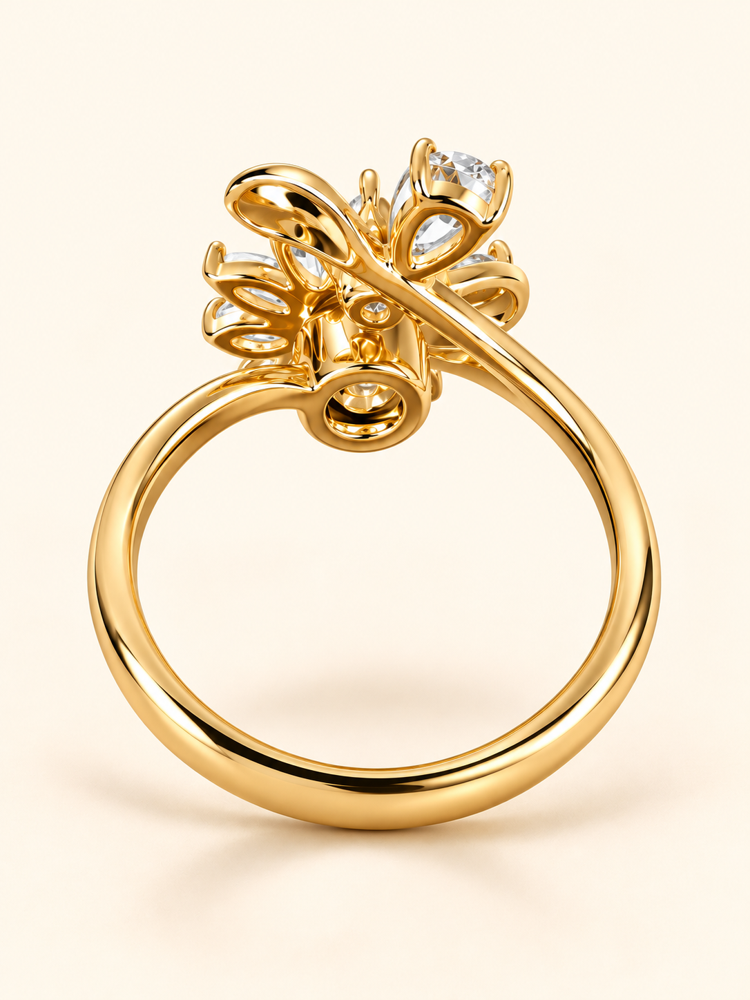 file_000000000a6881fabe1ee556c8cb7404 Gold floral ring with sparkling clear stones and elegant leaf detailing on a warm ivory background, Baarah Jewels.