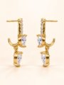 Gold-tone heart drop earrings with sparkling clear stones, featuring a crystal-studded U-shaped design and two heart-shaped gems.
