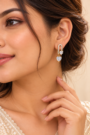Gold-tone heart drop earrings with sparkling clear stones, featuring a crystal-studded U-shaped design and two heart-shaped gems.