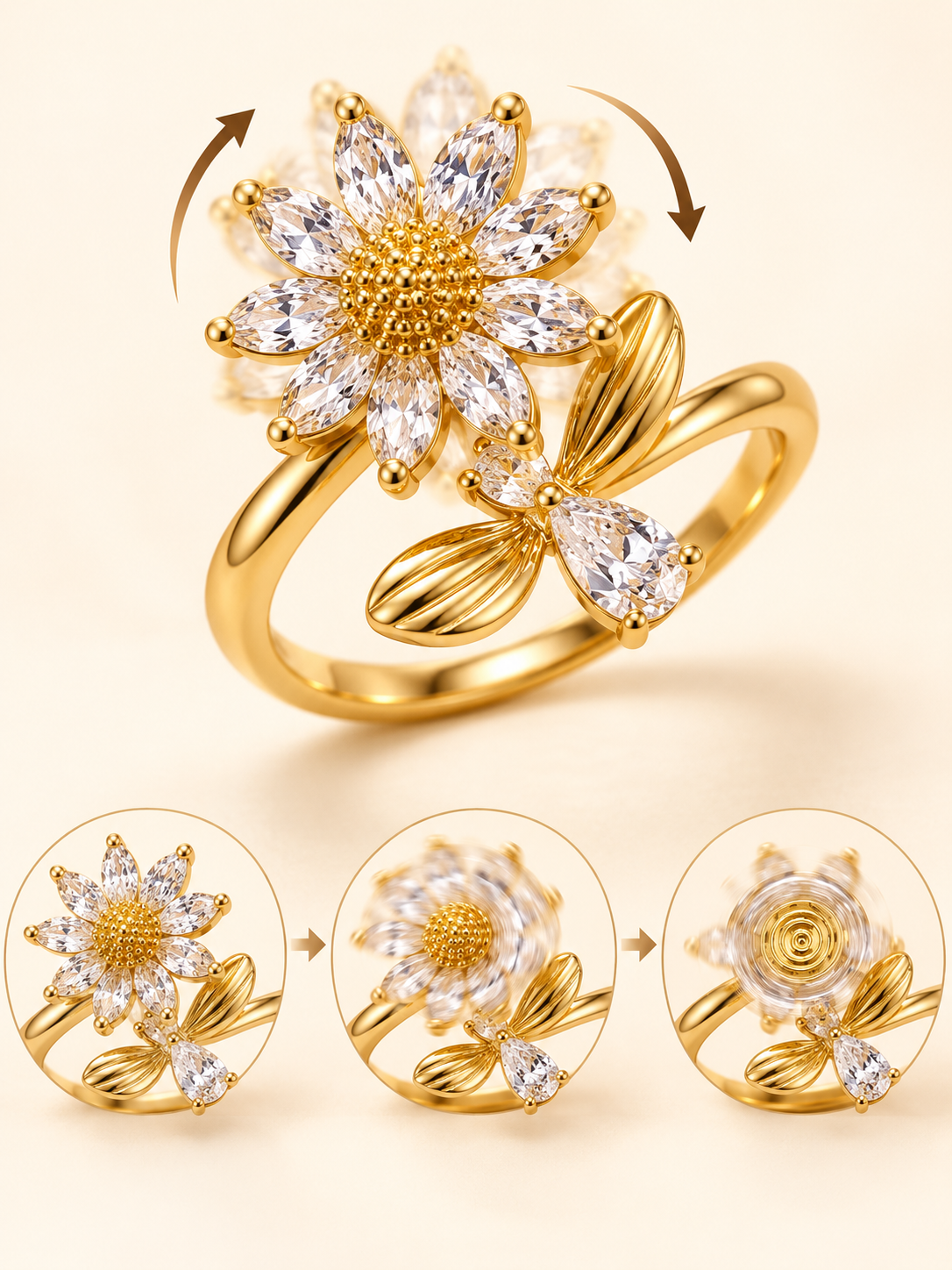 file_00000000591081fa8d22e32f3bf1f6c5 Gold floral ring with sparkling clear stones and elegant leaf detailing on a warm ivory background, Baarah Jewels.