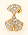Gold-tone fan-shaped hanging earrings with sparkling clear baguette-cut stones and intricate detailing.
