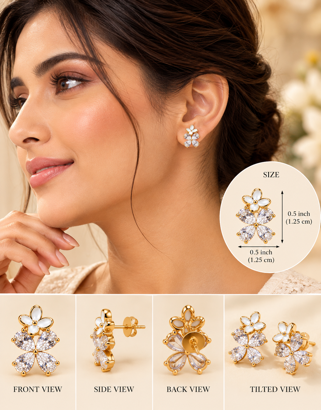 file_000000007c2881fa9fe854837f31e147 Gold-tone floral stud earrings with white enamel flowers and sparkling clear crystal petals.
