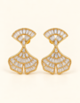 Gold-tone fan-shaped hanging earrings with sparkling clear baguette-cut stones and intricate detailing.