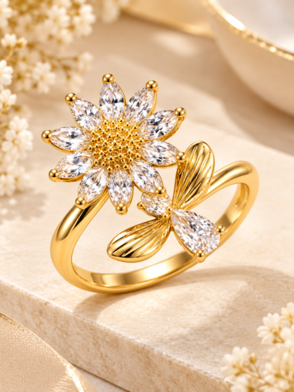 Gold floral ring with sparkling clear stones and elegant leaf detailing on a warm ivory background, Baarah Jewels.