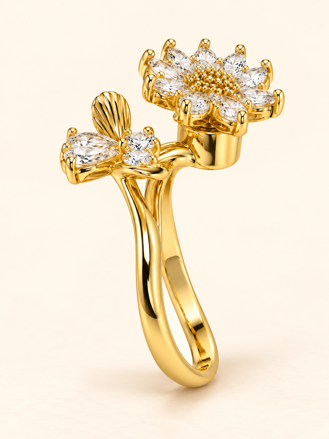 file_00000000ced081fa96be83566d0b8108 Gold floral ring with sparkling clear stones and elegant leaf detailing on a warm ivory background, Baarah Jewels.